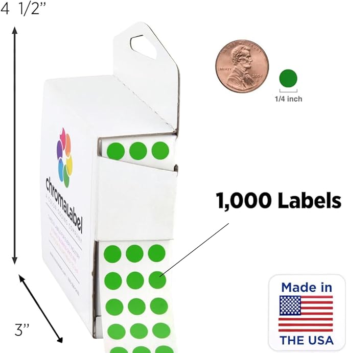 ChromaLabel 1/4 Inch Round Green Stickers, Small Green Dot Stickers for Arts and Crafts, Circle Labels - 1000 Color Coding Labels per Dispenser Box, Case of 10