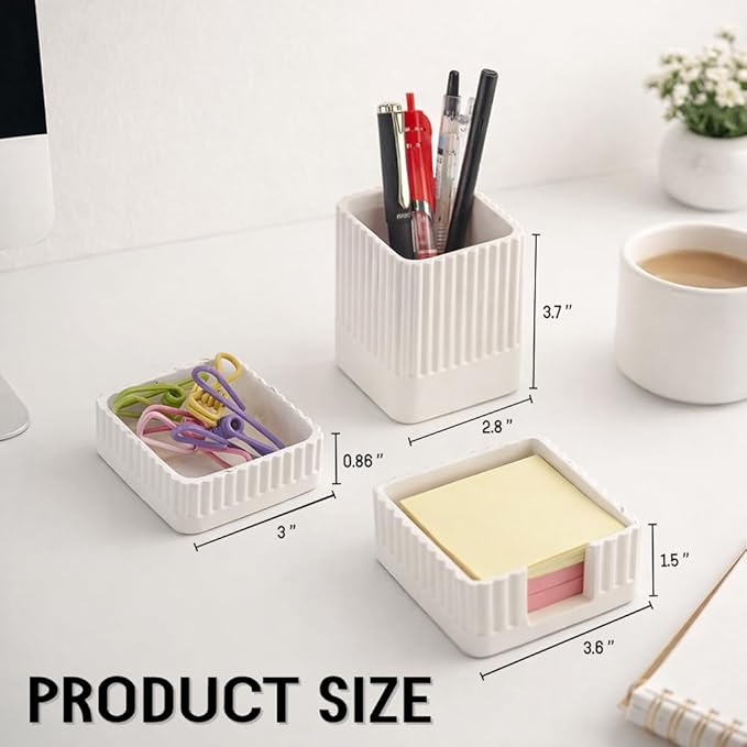 Aesthetic Concrete Desk Organizer Set of 3 - Stylish & Durable Office Accessories - Includes Pen Holder, Paperclip Storage, and Sticky Note Holder for a Clean, Modern Workspace (White)