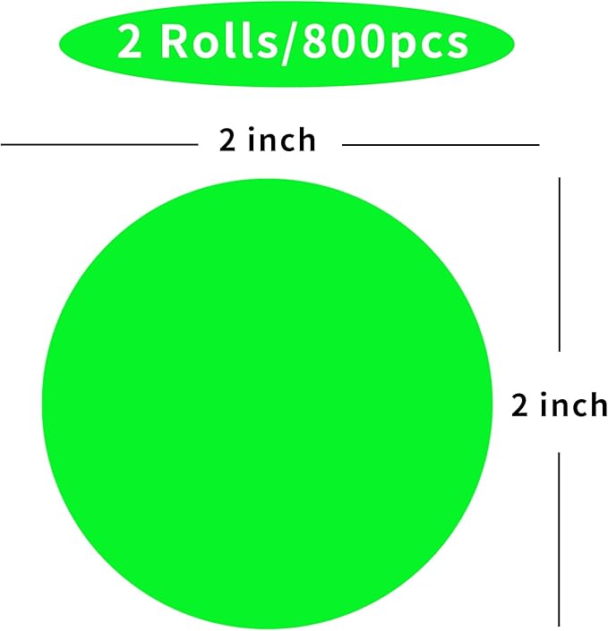 STARLIBOO Fluorescent Green Dot Stickers, 2 inch Garage Sale Stickers, Adhesive Circle Price Tags Sticker, Writable Not Blurry for Yard Sale (2Rolls/ 800Labels)