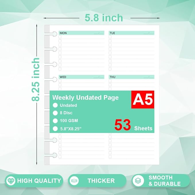 Undated Weekly Planner Refills for A5 Planner Binders - 53 Sheets/106 Pages Undated Colorful Weekly Planner, 8 Discbound, TUL Planner Refills, Weekly Plan (Left), Daily Details (Right), Lasts 1 Year, 5.8" x 8.25"