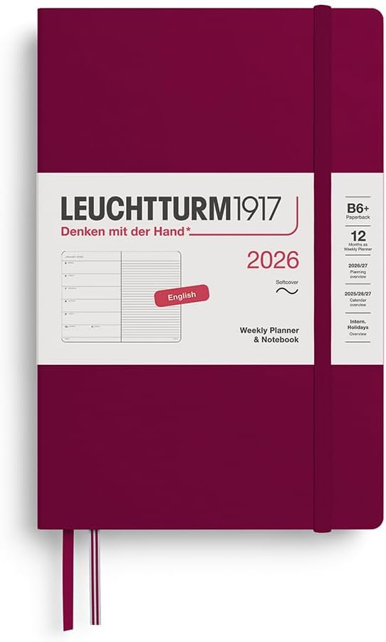 LEUCHTTURM1917 - Weekly Planner & Notebook 2026, Softcover, Paperback (B6+), Ruled, Port Red (Jan 1 - Dec 31, 2026)