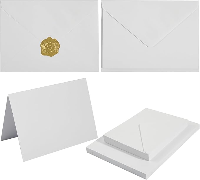 50 Pack White A6 Envelopes with Cards 4x6 Thick Folded Cardstock and Gold Stickers for Greeting Cards, Wedding, Birthday, Invitations, Baby Showers (White, 4x6)