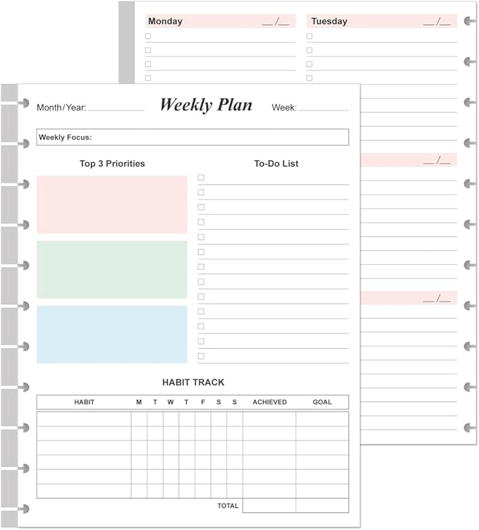 (2-Pack) Weekly Planner Undated Refills - Letter Size 106 Sheets/212 Pages Colorful Weekly Planner for 11-Disc Discbound, TUL, 100 gsm White Paper, Lasts 2 Year, Undated, 8.5" x 11"