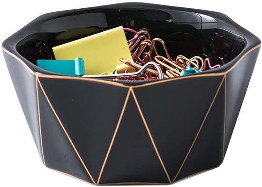 Paper Clip Holder With Gold Line Geometric Ceramic Paper Clip Dispenser for Desk Cute Paper Clip Organizer Office Binder Clip Holder (Black)
