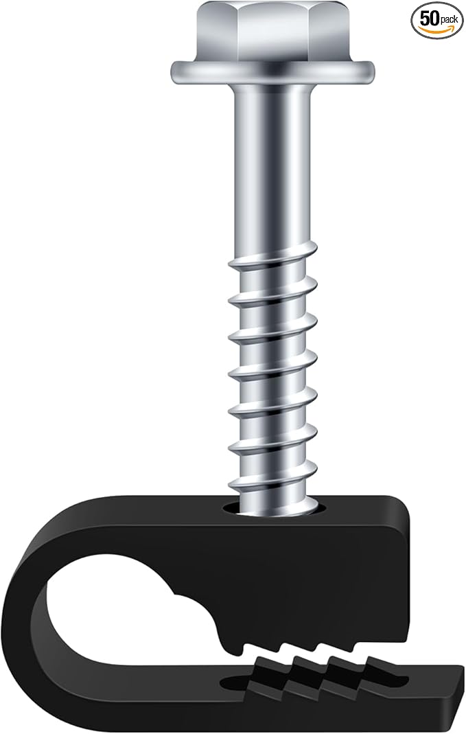 Black Cable Clips with Inserted Screws, Flexible Single Cable Screw Clips, Electrical Wire Fastener, 50 PCS