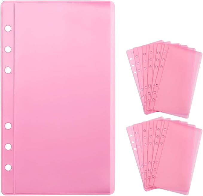 12pcs Pink A6 Binder Pockets Zipless Cash Envelopes Budget Binder Inserts PVC Sheet Protector for 6 Ring A6 Binders Organizer Accessories (Pink)