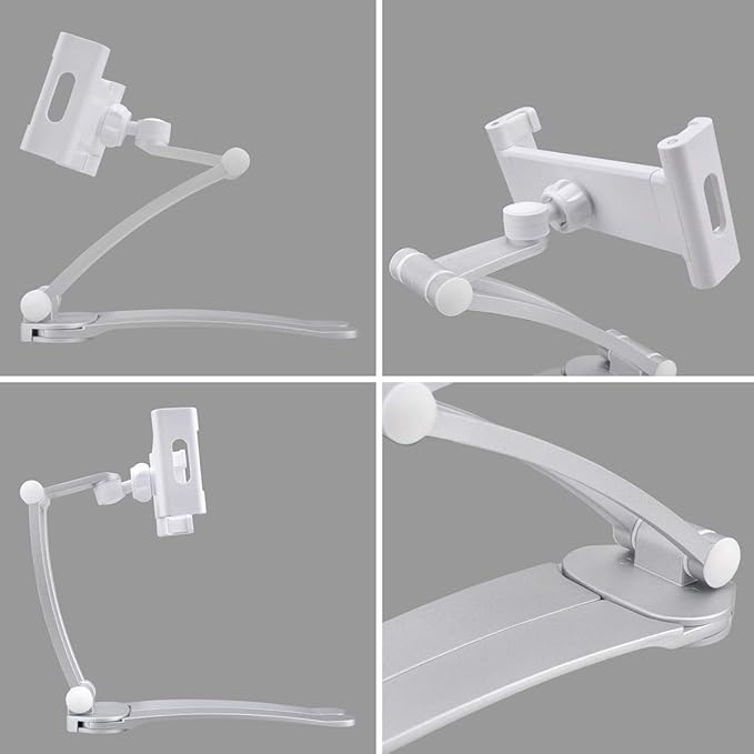 AYADA Kitchen Cabinet Tablet Holder, 2 in 1 Wall Mount Desktop Stand for ipad 12.9 Aluminum Alloy Metal Adjustable Multiangle Foldable Universal Phone Tablet Bracket Cooking Table Counter Top (Silver)