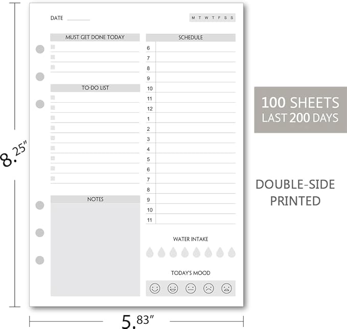 A5 To Do List Refill Paper 100 Sheets, Undated Daily Schedule, Day Priorities, Notes and Water Tracker, 6-Hole Punches, 5.82"x8.26"