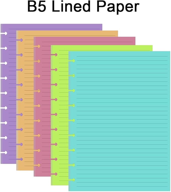 9 Discbound Lined Colorful Refills Paper, 100 Sheets (200 Pages), 9 Disc Pre-Punched Happy Planner Inserts, Loose Leaf, 5-Color Refills Paper, Classic Size, 7 x 9.25 Inch