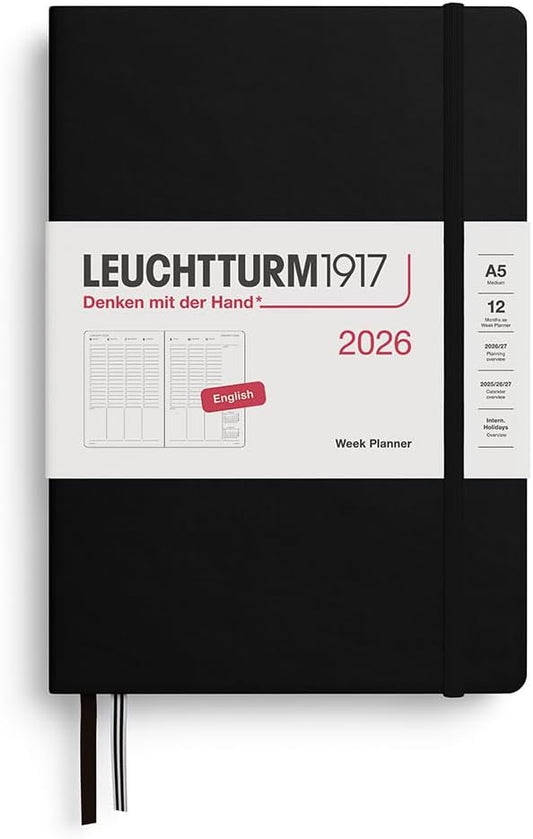 LEUCHTTURM1917 - Week Planner 2026, Hardcover, Medium (A5), Black (Jan 1 - Dec 31, 2026)