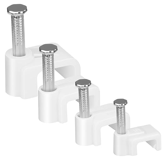 LeMotech 400pcs Cable Clips 5/7/8/10mm Flat Cable Nail Clips Cable Tacks Wire Wall Clips with Steel Nails for Cable Cord Management RG6 RG59 CAT5 CAT6 RJ45 Electrical Ethernet Coaxial Clamps, White