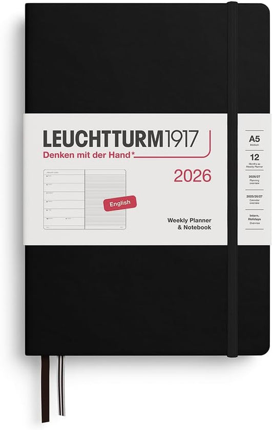 LEUCHTTURM1917 - Weekly Planner & Notebook 2026, Hardcover, Medium (A5), Ruled, Black (Jan 1 - Dec 31, 2026)