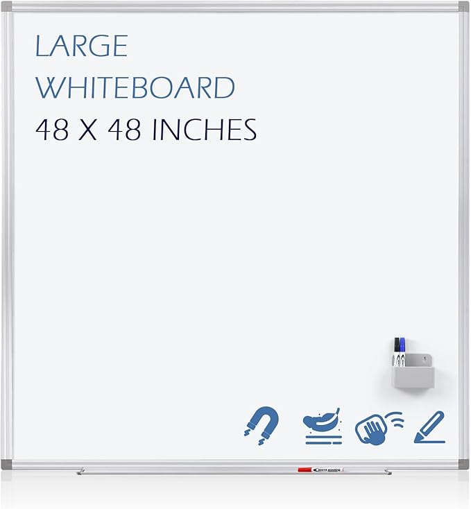 SWANCROWN Magnetic Dry Erase Whiteboard 48" x 48" Large White Board for Wall, Silver Aluminium Frame, Square Wall-Mounted White Board for School, Office and Home, 4' x 4'