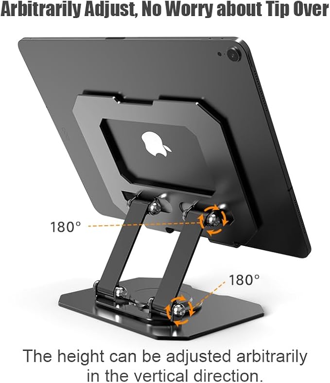 Dual 360° Rotating Tablet Stand Holder for Desk with Carbon Steel Base, Table Tablet Support with Dual Rod Adjustable Compatible for iPad Pro 13 12 11 Air Mini 5 4 3 (Silver)