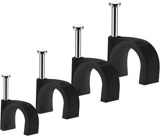 Cable Clips, 400 Pcs, 4mm 6mm 8mm 10mm, Wire Wall Clips with Steel Nails, Cable Management Organizer Clip, Cable Tacks Coax Holder Clip, RG6 RG59 CAT6 RJ45 Cable Cord Staples, Black