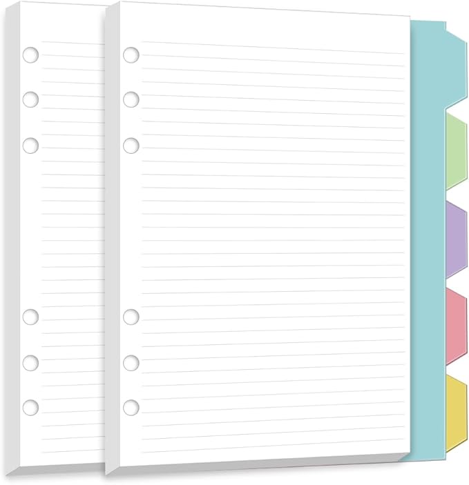 Personal Size Lined Paper, Planner Inserts,100 Sheets 6mm Line Spacing Paper, 5 Colored Dividers, 6 Hole Punched, Narrow Ruled,Loose Leaf for Pocket Planner, Mini Binder, Journal,171x95mm / 6.7"x3.7"