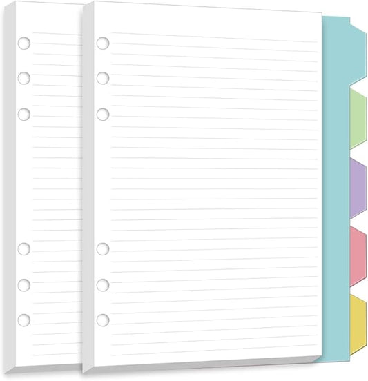 Personal Size Lined Paper, Planner Inserts,100 Sheets 6mm Line Spacing Paper, 5 Colored Dividers, 6 Hole Punched, Narrow Ruled,Loose Leaf for Pocket Planner, Mini Binder, Journal,171x95mm / 6.7"x3.7"