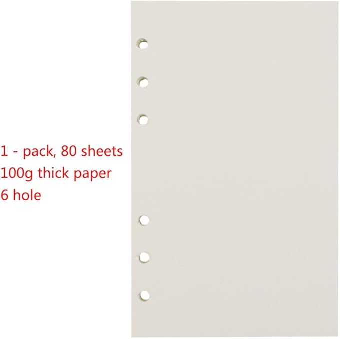6-Ring A6 Binder/Planner Refill Paper, 6 Hole,6 3/4 x 4 1/8 Inches Refillable White Paper for Loose Leaf Binder Notebook Diary Traveler Journal Inserts, 80 Sheets/160 Pages,Blank