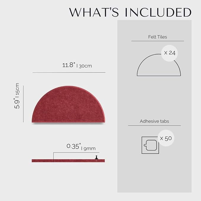 Large Bulletin Board Kit 48x36- Minimalist Wall Art to Replace Your Old Cork Boards for Walls for Office Decor - 24-Pack Semi-Circle Felt Wall Tiles for Home Office Décor (Burgundy)