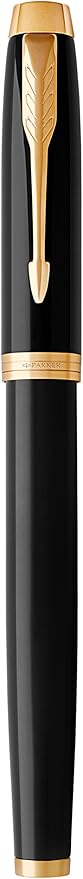 Parker IM Fountain Pen, Black Lacquer with Gold Trim, Fine Nib, Blue Ink Refill, Elegant Gift Box
