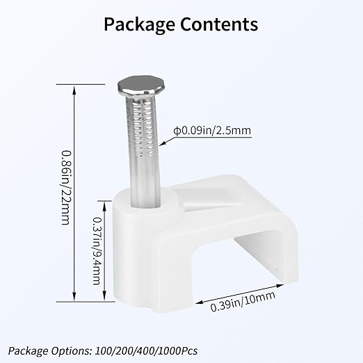 LeMotech Flat Cable Clips, 400pcs 10mm Wire Wall Clips with Steel Nails, Coaxial Nail Clamps for Cable Cord Management CAT6 CAT6e RJ45 Ethernet Cable Clamps, White