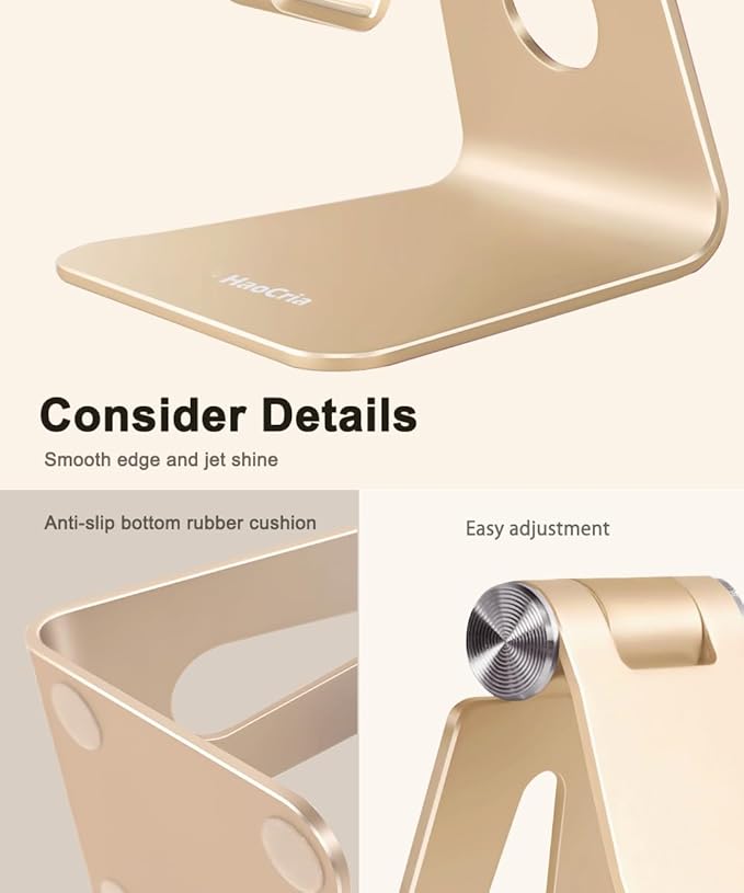 Cell Phone Stand for Desk- Adjustable Phone Stand Holder, Cradle, Dock, Desktop Stand for iPhone 17 16, 15, 14, Plus, Pro, Pro Max, 13 12 X XS,4-8" Phones, Office Accessories (Gold)