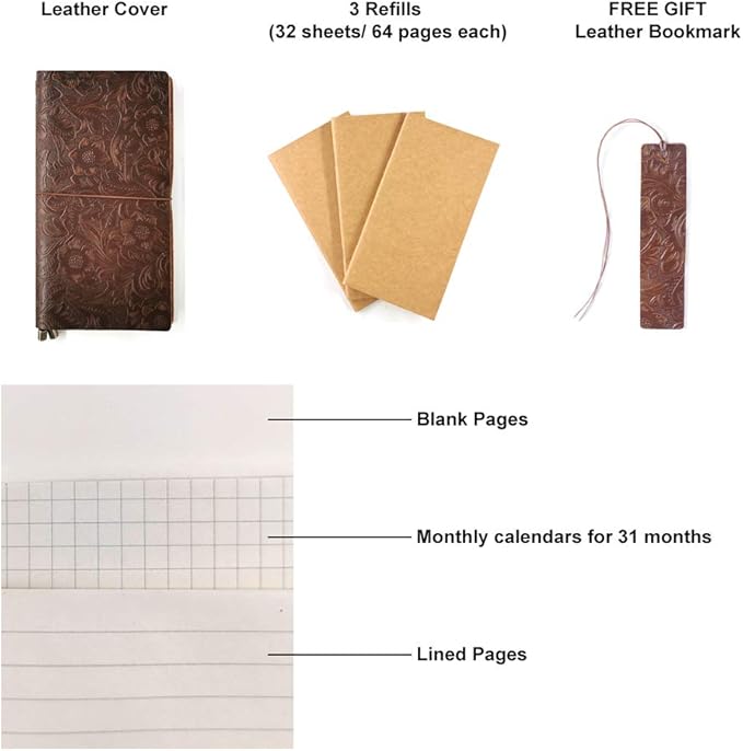 Refillable Leather Journal, Handmade Coffee Leather Notebook with Bookmark for Men & Women, Vintage Notepad Sketchbook Perfect for Writing, Gifts, Travelers (Coffee, Standard)
