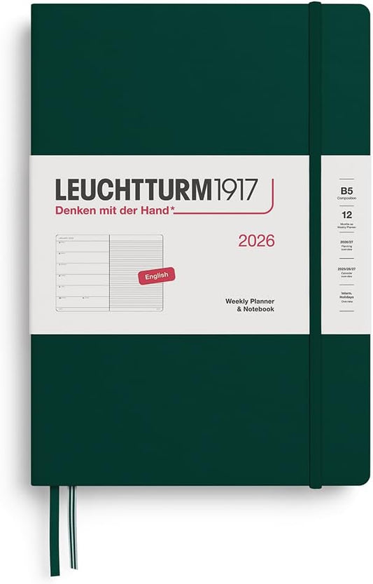 LEUCHTTURM1917 - Weekly Planner & Notebook 2026, Hardcover, Composition (B5), Ruled, Forest Green (Jan 1 - Dec 31, 2026)
