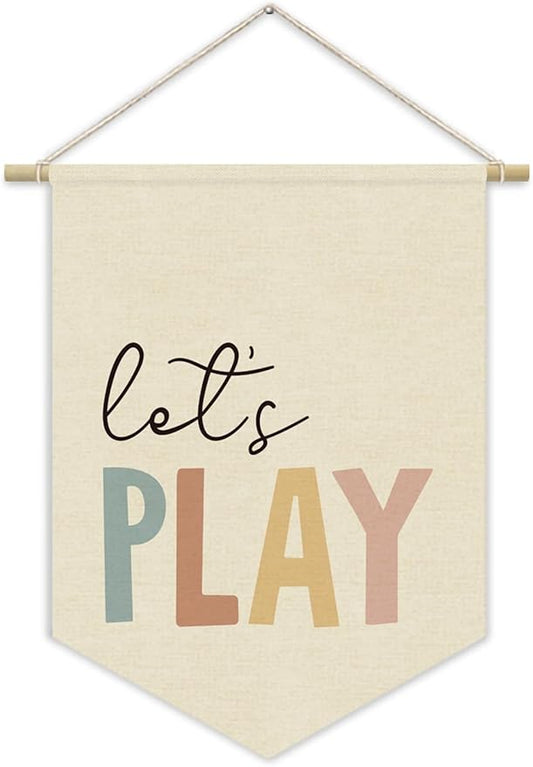 Playroom Sign Decor Let's Play Canvas Banner,Nursery Classroom Wall Art Canvas Hanging Pennant Flag Banner,Kids Room Homeschool Play Sign Wall Decor,Playroom Wall Decor Baby Room Decor 15x11in