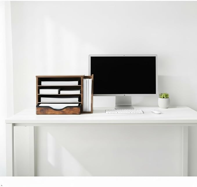 File Organizer with Drawer, Office Wood Desk Organizer with drawers, with 4 Adjustable Shelves, Mail Sorter with Drawer, Office Desk Paper Holder, Brown