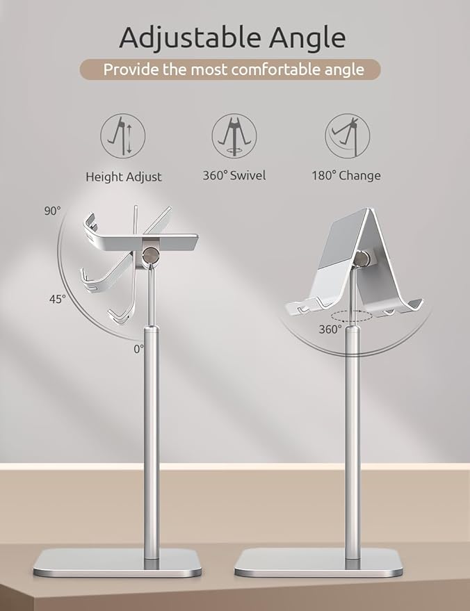 Tablet Stand Height Angle Adjustable, Eye-Level Desktop iPad Stands Tablet Holder for Home Office, Cradle Dock for iPad Pro 12.9, Air Mini 4, Kindle, E-Reader, Nexus, iPhone (4-13'') Silver