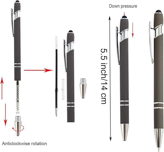PASISIBICK 3.86 in Black Ink Refills for Ballpoint Pen with Stylus Tip, Soft Touch Click Pen, 2 in 1 Metal Pens, Medium Point(Pack of 40)