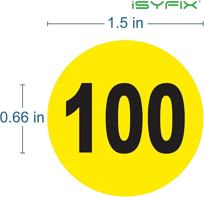 iSYFIX Consecutive Number Vinyl Stickers – 1 to 100, 1.5-inch, 1 set – Yellow Self Adhesive Premium Decal, Ideal for Inventory, Storage, Organizing, Boxes, Bins, Toolbox, Lockers & More Indoor/Outdoor