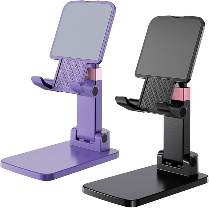 Phone Holder for Desk Cell Phone Holder Height Angle Adjustable Stands, Anti-Slip Base, Compact Design for iPhone Android Devices,Black & Purple,2Pack