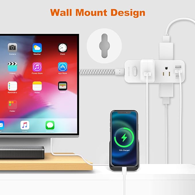Extension Cord 20FT, BESHON Power Strip Surge Protector, 6 Outlets with 3 USB Ports(1 USB C Outlet), 3-Side Outlet Extender, Wall Mount, Compact for Travel, Home, College Dorm Room, and Office
