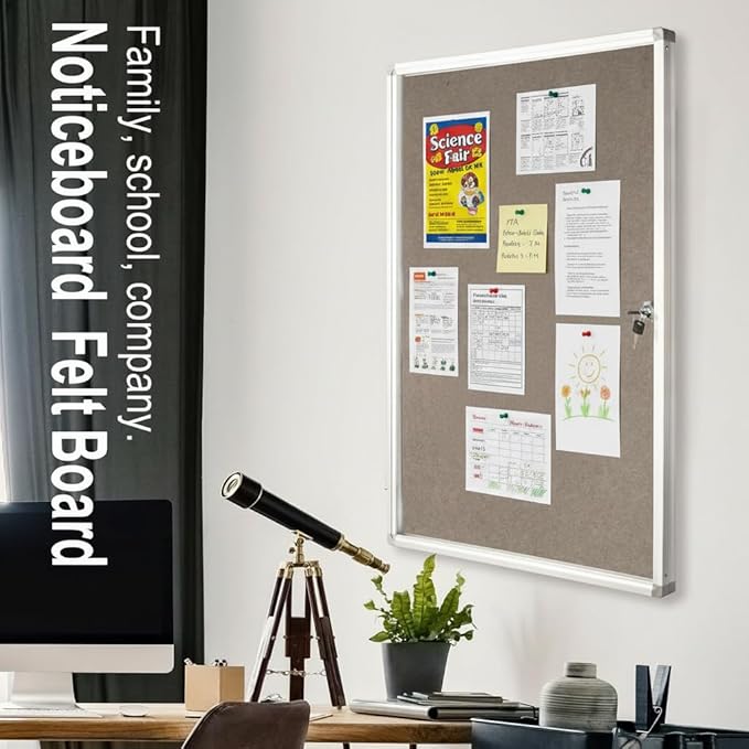 BIBOC Enclosed Felt Bulletin Board 36x24 inch Lockable Cork Noticeboard Display Cases Tamperproof Notice Poster Memo Board with Class Aluminum Frame (Felt, 24×36 inches)