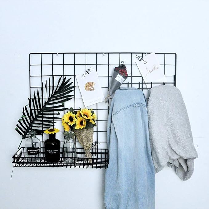 Black Metal Wire Hanging Basket, Multifunction Creative Mesh Wall Grid Holder Storage Organizer Plant Holder Shelf Flower Pots Black Coated