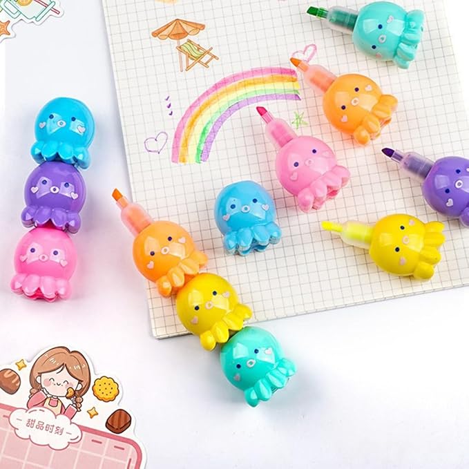 Set of 5 Octopus Color Highlighter Markers with 1 Blue Cap, Highlighter Pens for Office.