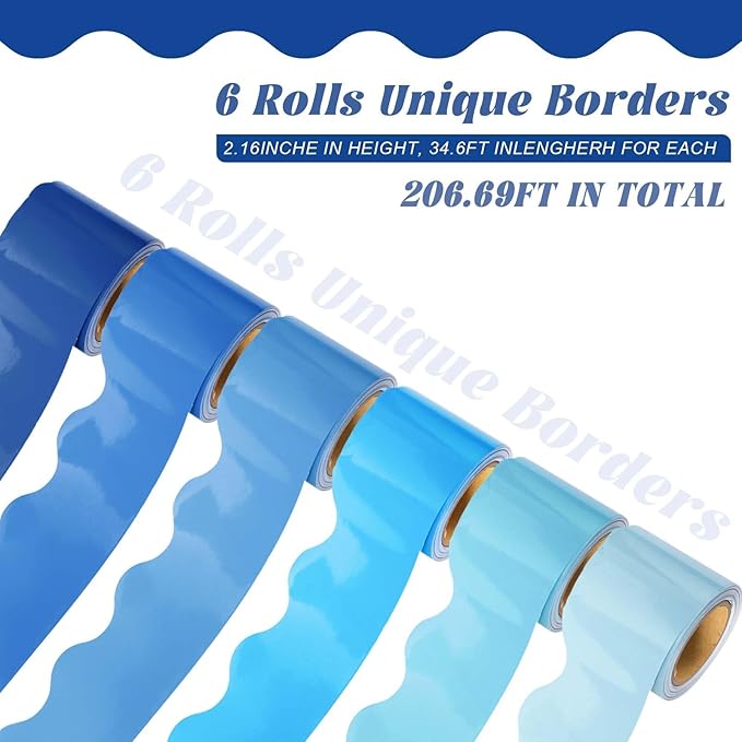 6 Rolls 206.69ft Winter Bulletin Board Decorations, Bulletin Board Borders for Classroom, Boho Scalloped Trim Boho Borders for Back to School Theme Classroom Office Decor Supplies (Blue)