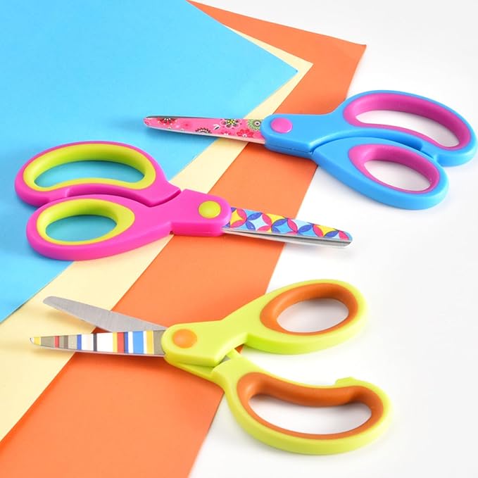 Kids Scissors Set, Safety Children Scissors with Blunt-Tip Floral Print Blade and Soft Grip, Great for DIY, Arts, Home, School Classroom Use, Blue/Purple/Yellow