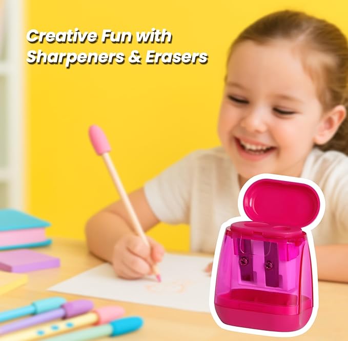 Pencil Sharpeners, Aipker Manual Sharpeners & Pencil Top Eraser Set for Colored Pencils, Colorful Protable Dual Holes Pencil Sharpener with Lid for Kids, Audlts, Artists, Classroom, School & Office