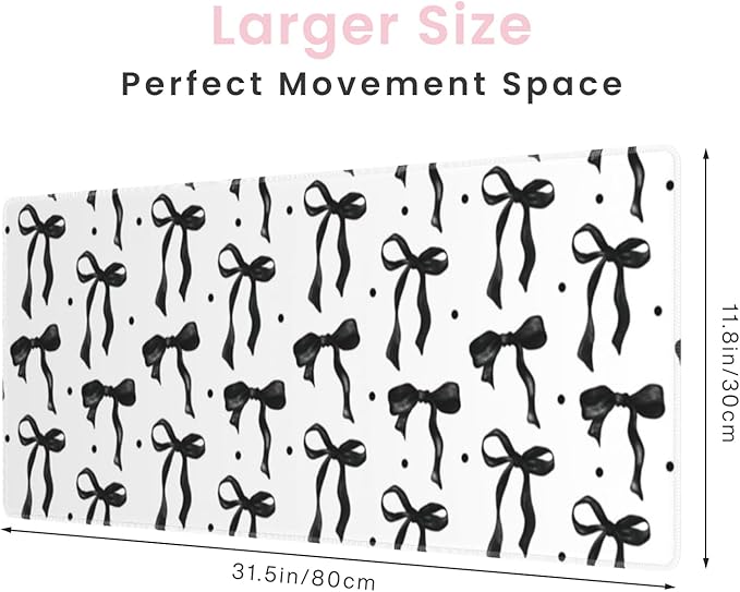 Large Bow Mouse Pad, Black and White Desk Mat XL Keyboard Pad Computer Mat, Non-Slip Rubber Base Gaming Mousepad Extra Large Laptop Pad, Cute Desktop Cover Office Supplies for Girl 31.5 x 11.8in