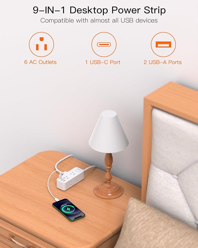Flat Plug Power Strip, BESHON Flat Extension Cord, 5ft Ultra Thin Flat Plug Extension Cord - 6 AC with 3 USB Ports(1 USB C), Wall Mount, 3-Side Power Strip Surge Protector for Dorm Room Essentials