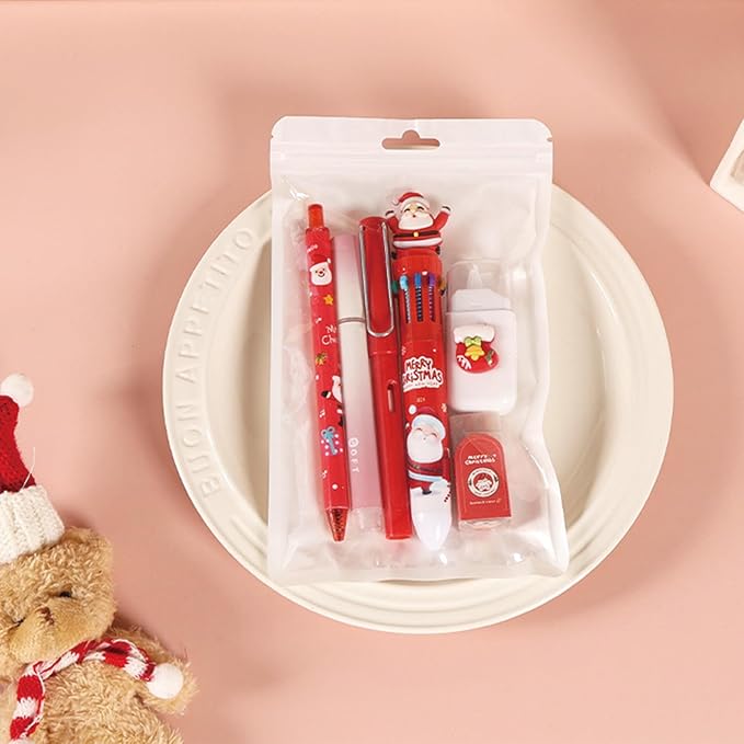 6 Pcs Cute Christmas Stationery Set for Girls Boys Women Men Xmas School Supplies Office Supplies Including Gel Ink Pens Ballpoint Pens Pencil Eraser Christmas Gift (Xmas-Red)