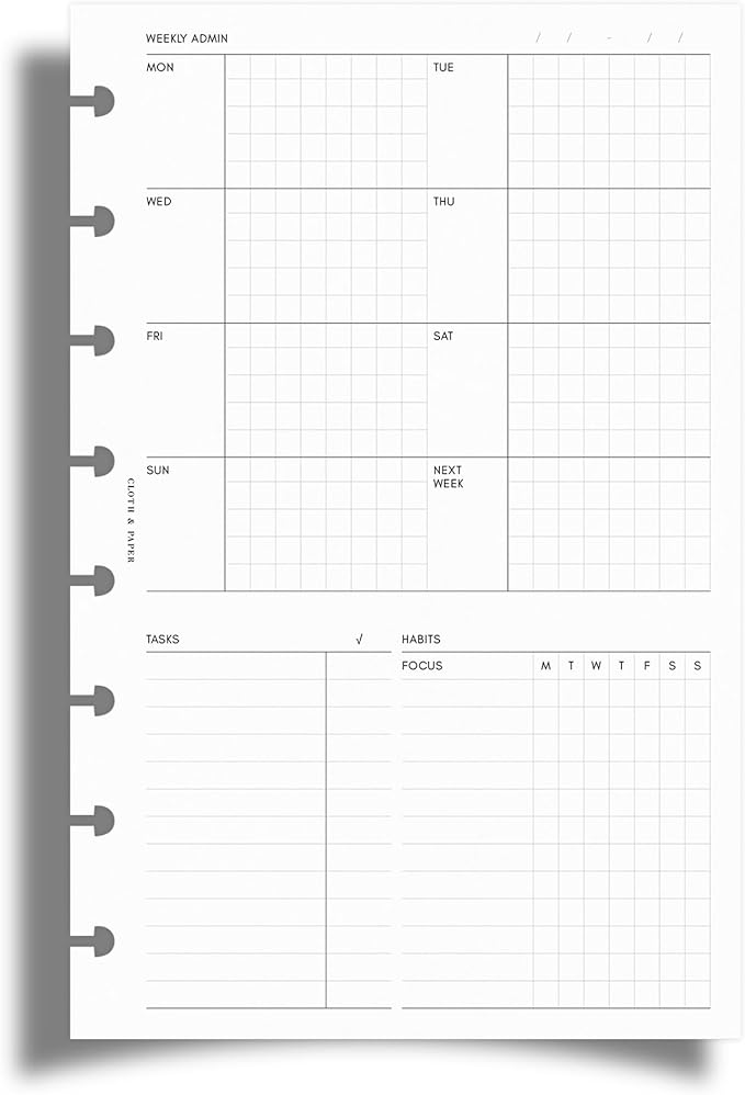 Cloth & Paper Weekly Admin Planner Inserts | Half Letter Size 5.5 x 8.5 Inches | 8 Disc Punch | Monday Start | Weekly Agenda Refill with Task Column & Habit Tracker | Fits Cloth & Paper Large Folio