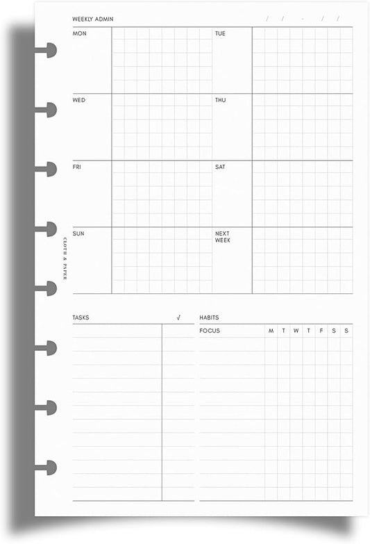 Cloth & Paper Weekly Admin Planner Inserts | Half Letter Size 5.5 x 8.5 Inches | 8 Disc Punch | Monday Start | Weekly Agenda Refill with Task Column & Habit Tracker | Fits Cloth & Paper Large Folio