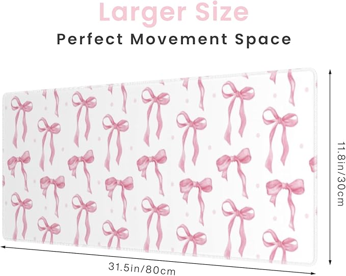 Pink and White Mouse Pad, Pink Desk Mat Bow Keyboard Mat Cute Computer Mat, Non-Slip Rubber Base Large Mousepad Laptop Pad, Kawaii Desktop Pad Office Accessories Decor for Girls 31.5 x 11.8in
