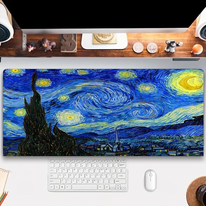 Manicer Blacklight Starry Night Mouse Pad, Van Gogh Painting Gaming Extended Large Desk Pad, UV Reactive Long Big Mouse Mat with 3mm Non-Slip Rubber Base for Office Home - 31.5" x 11.8"