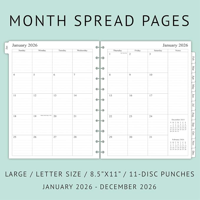 newestor 2026 Monthly Planner Refill for 11-Discbound Notebooks, Two Pages Per Month, Letter Size, 8-1/2" x 11"
