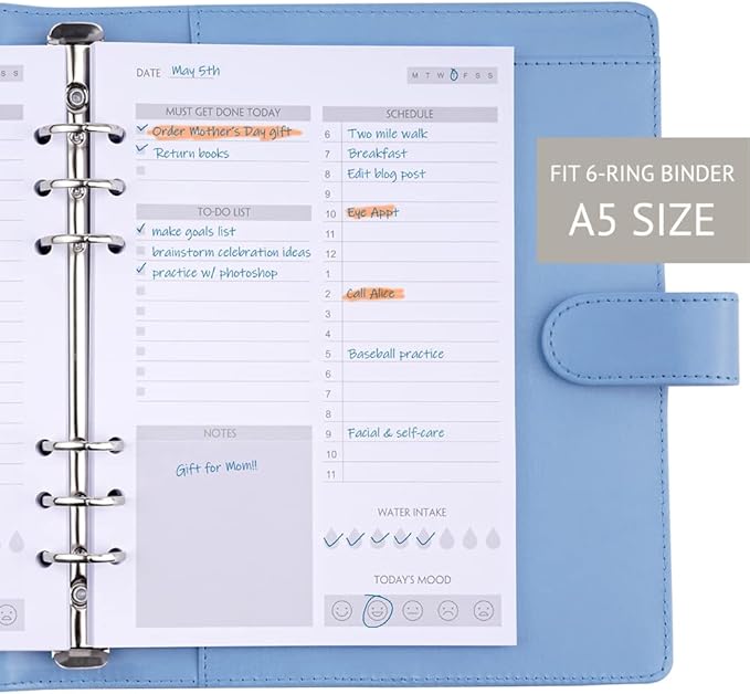 A5 To Do List Refill Paper 100 Sheets, Undated Daily Schedule, Day Priorities, Notes and Water Tracker, 6-Hole Punches, 5.82"x8.26"